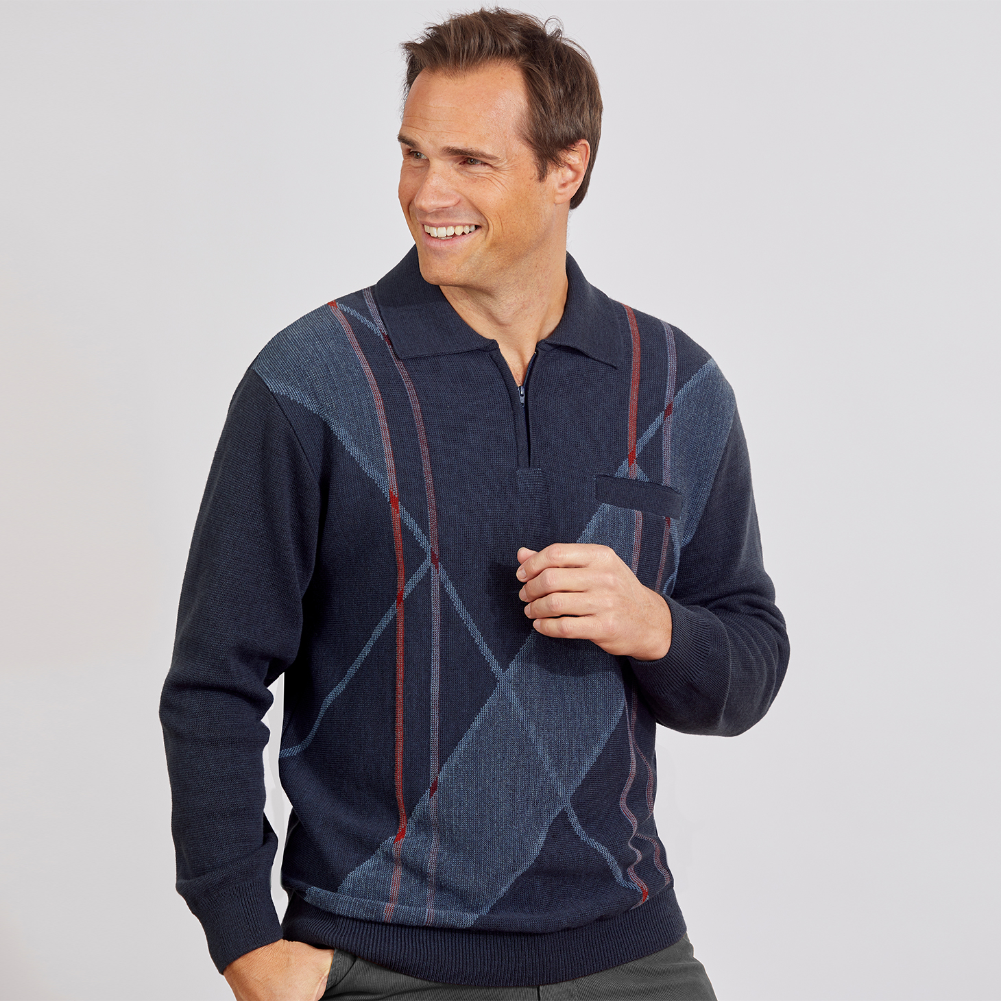 Pull polo zip jacquard homme