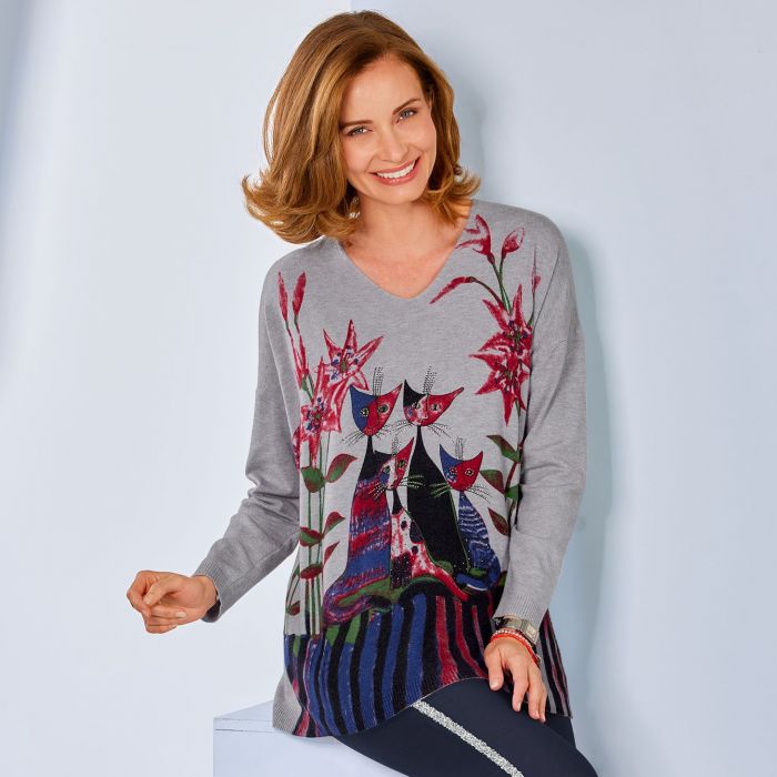 Pull imprim chats et strass Bleu Bonheur