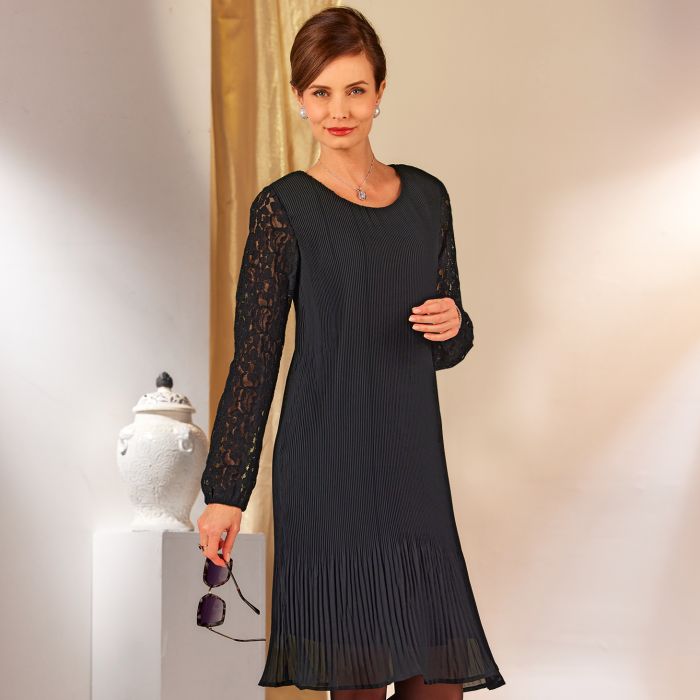 Robe pliss e manches dentelle Bleu Bonheur