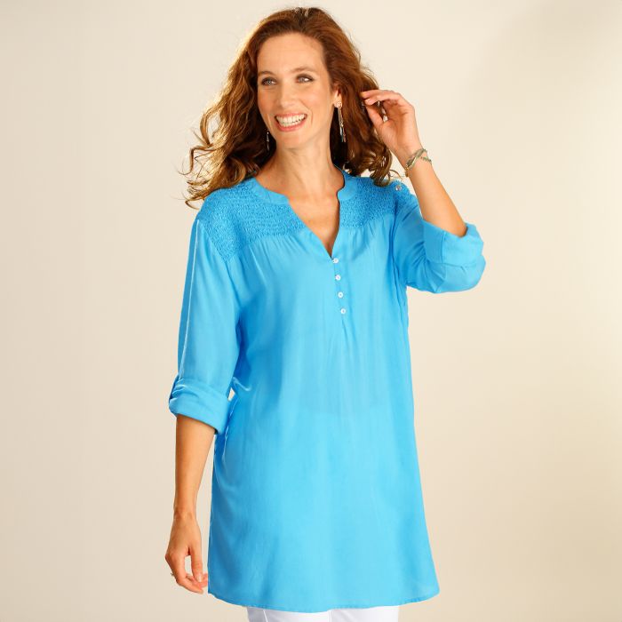 Tunique longue unie a smocks Bleu Bonheur