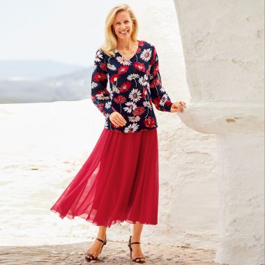 Tunique imprimé marguerites et jupe longue en voile crêpe Sergio di Fiori… un air joyeux se dégage de cette tenue !