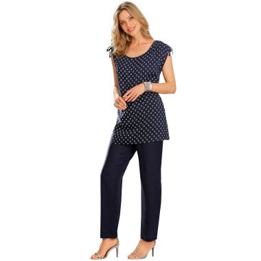 Tunique longue imprimée avec liens et pantalon souple uni, voici l’ensemble fluide, facile à vivre !