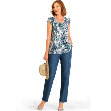 Tee-shirt à imprimé fleuri avec petites manches volantées, pantalon en denim droit avec ceinture élastiquée et nœud fantaisie