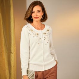 Cardigan brodé maille poilue